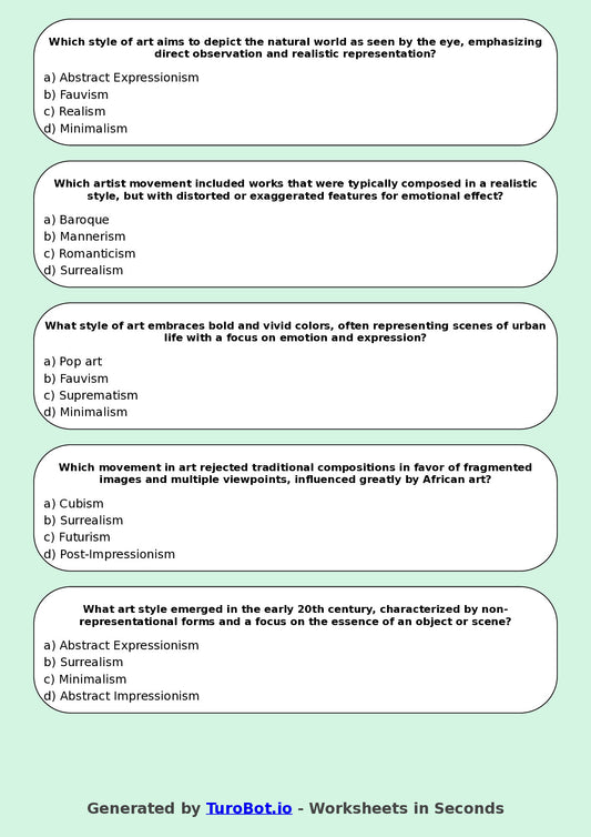 Year 7 Visual Arts Multiple Choice Worksheet – Art Styles and Movements