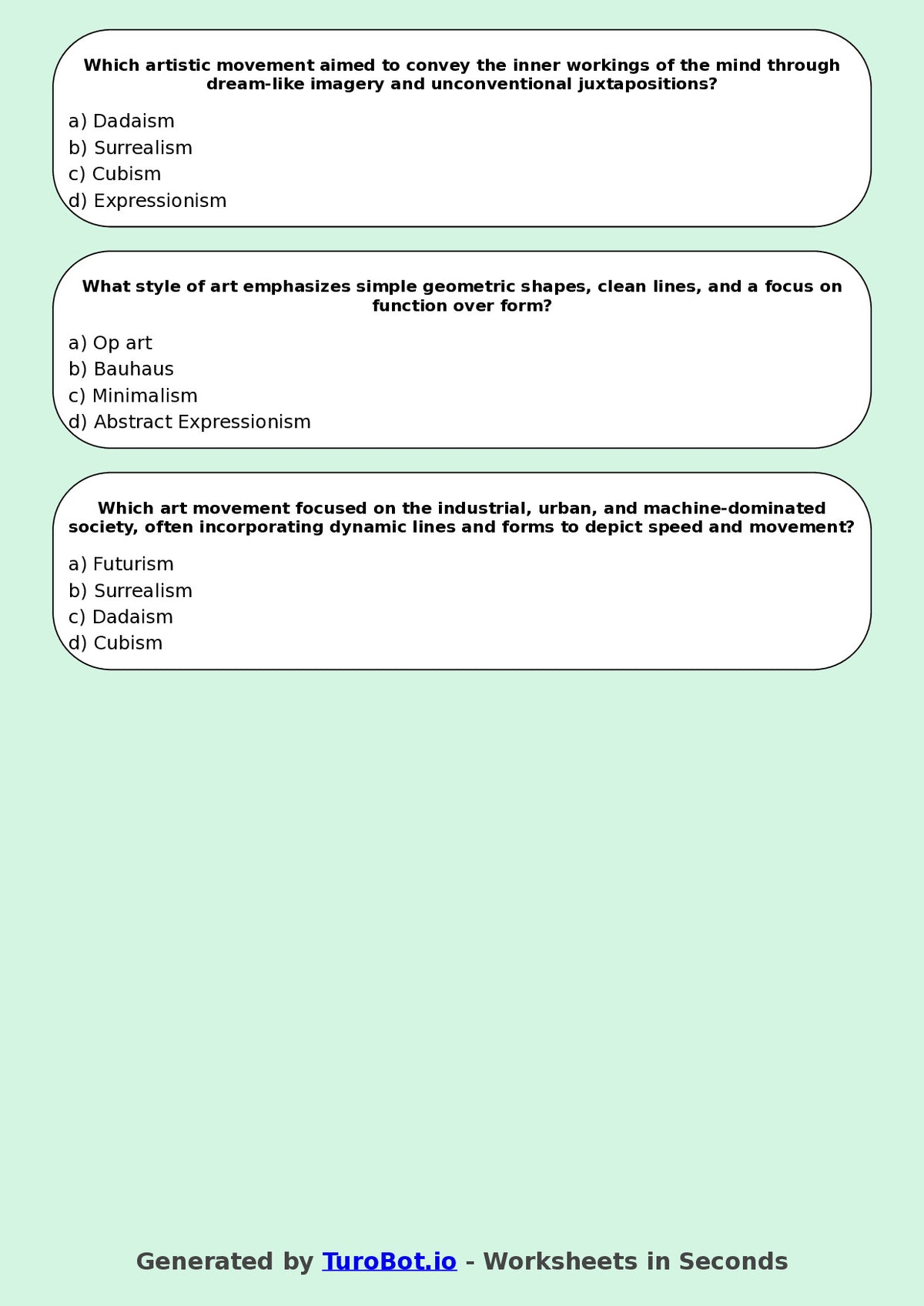 Year 7 Visual Arts Multiple Choice Worksheet – Art Styles and Movements
