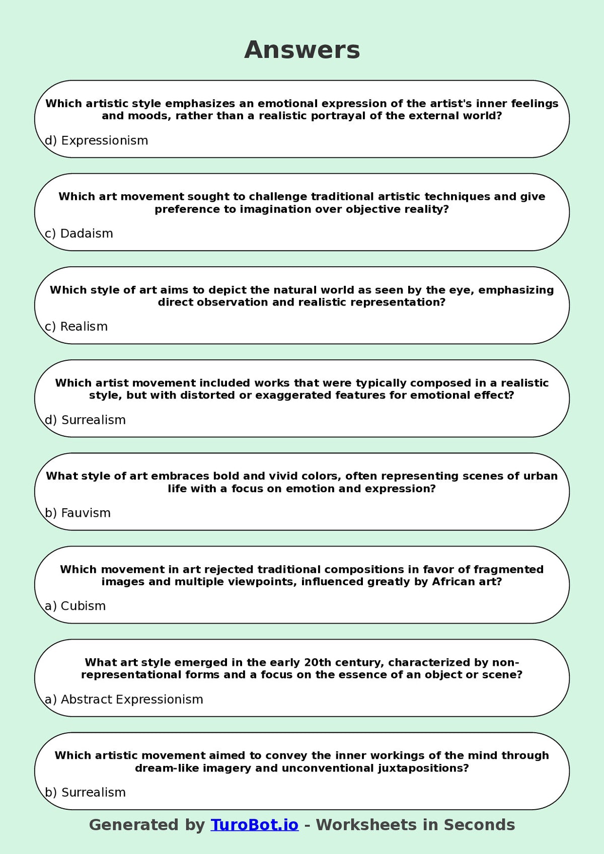 Year 7 Visual Arts Multiple Choice Worksheet – Art Styles and Movements