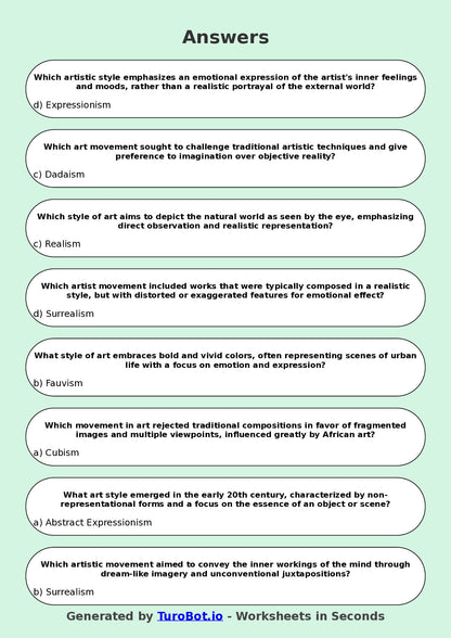 Year 7 Visual Arts Multiple Choice Worksheet – Art Styles and Movements