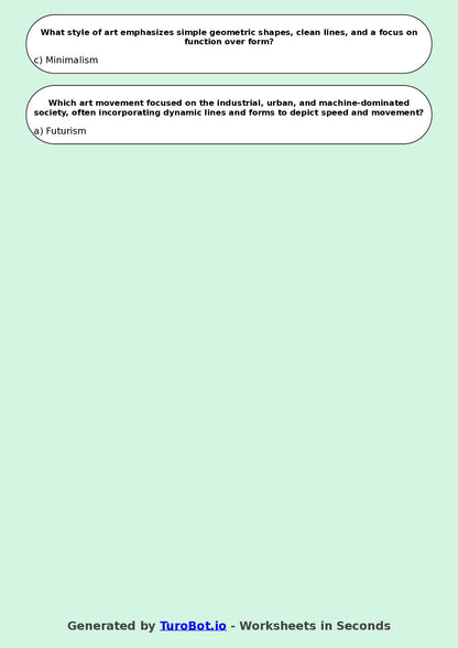 Year 7 Visual Arts Multiple Choice Worksheet – Art Styles and Movements