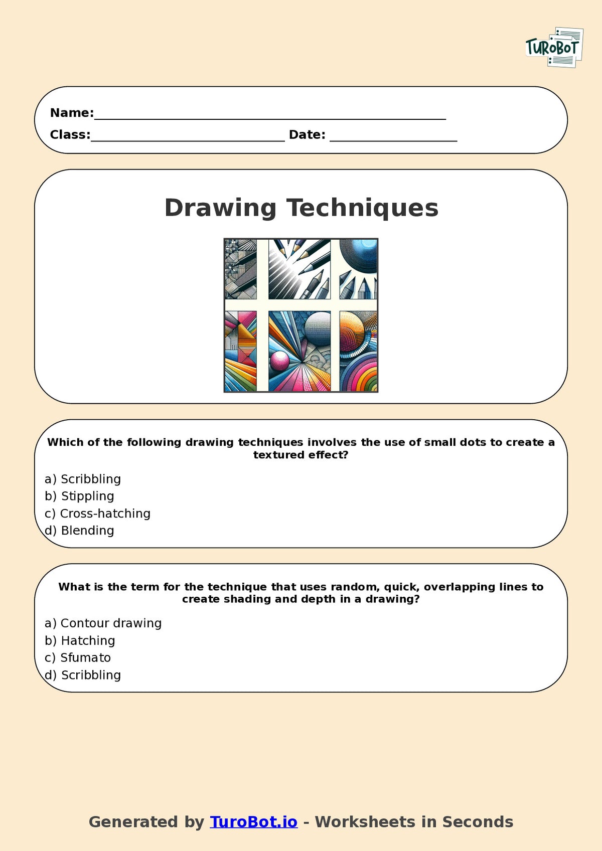Year 7 Visual Arts Multiple Choice Worksheet – Drawing Techniques