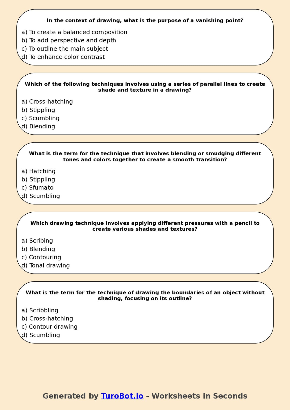 Year 7 Visual Arts Multiple Choice Worksheet – Drawing Techniques