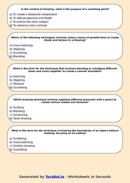 Year 7 Visual Arts Multiple Choice Worksheet – Drawing Techniques