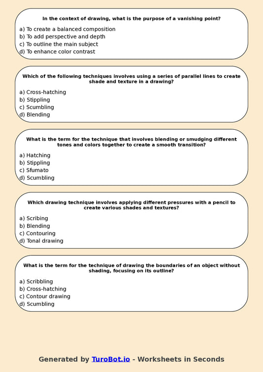 Year 7 Visual Arts Multiple Choice Worksheet – Drawing Techniques