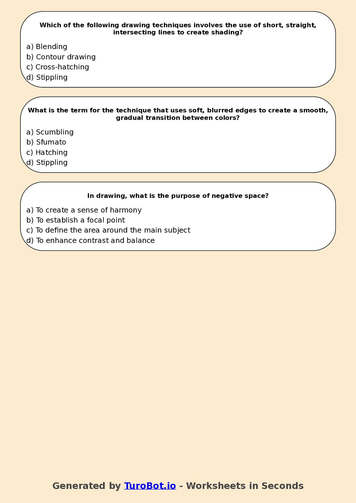 Year 7 Visual Arts Multiple Choice Worksheet – Drawing Techniques