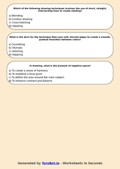 Year 7 Visual Arts Multiple Choice Worksheet – Drawing Techniques