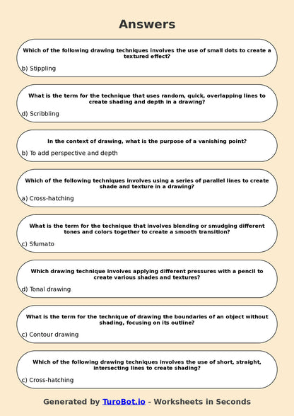 Year 7 Visual Arts Multiple Choice Worksheet – Drawing Techniques