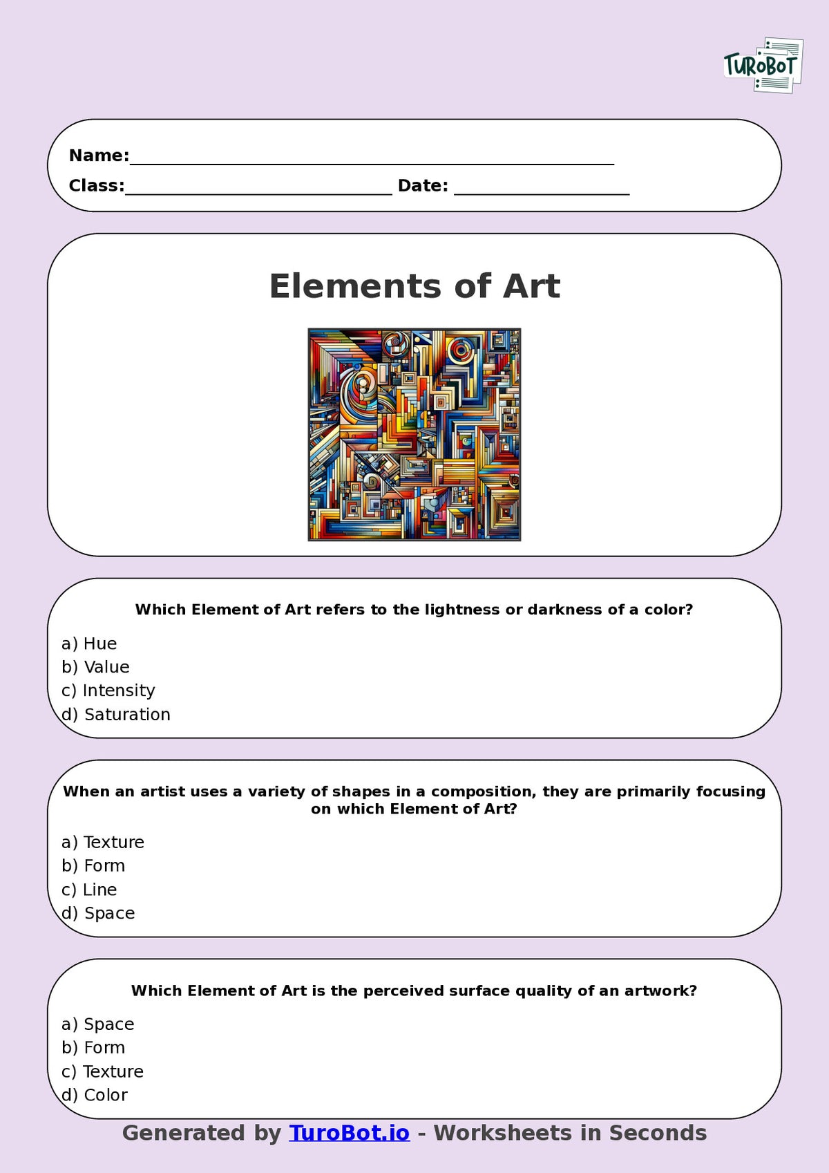 Year 7 Visual Arts Multiple Choice Worksheet – Elements of Art