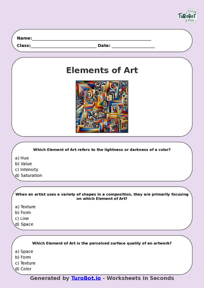 Year 7 Visual Arts Multiple Choice Worksheet – Elements of Art