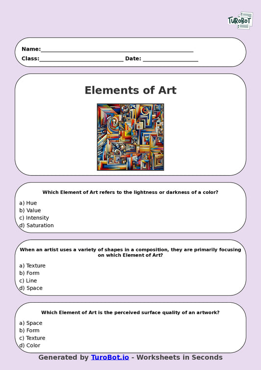 Year 7 Visual Arts Multiple Choice Worksheet – Elements of Art