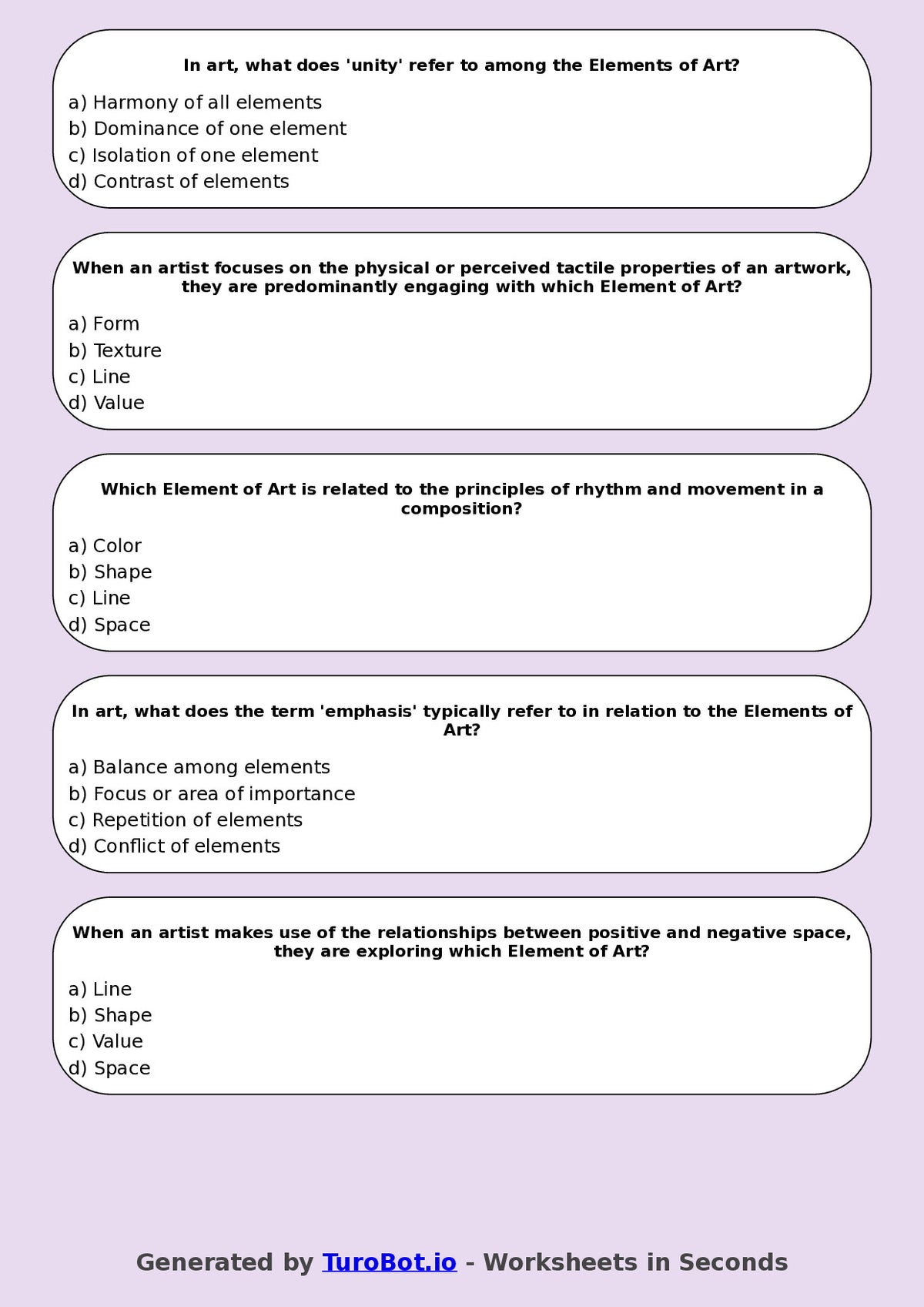 Year 7 Visual Arts Multiple Choice Worksheet – Elements of Art