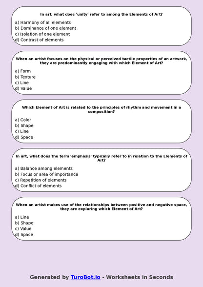 Year 7 Visual Arts Multiple Choice Worksheet – Elements of Art