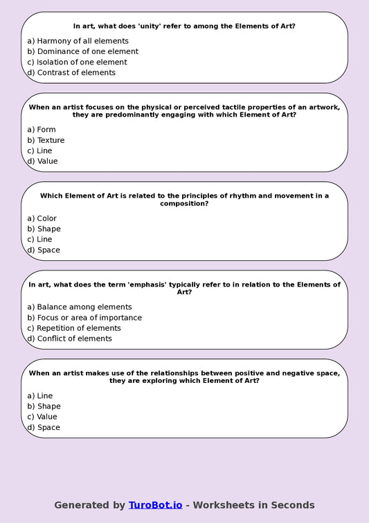 Year 7 Visual Arts Multiple Choice Worksheet – Elements of Art