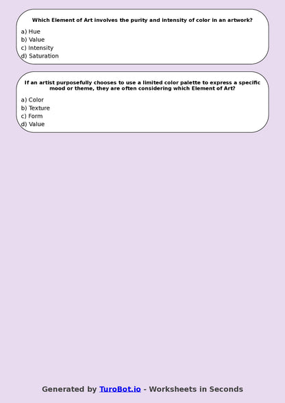 Year 7 Visual Arts Multiple Choice Worksheet – Elements of Art