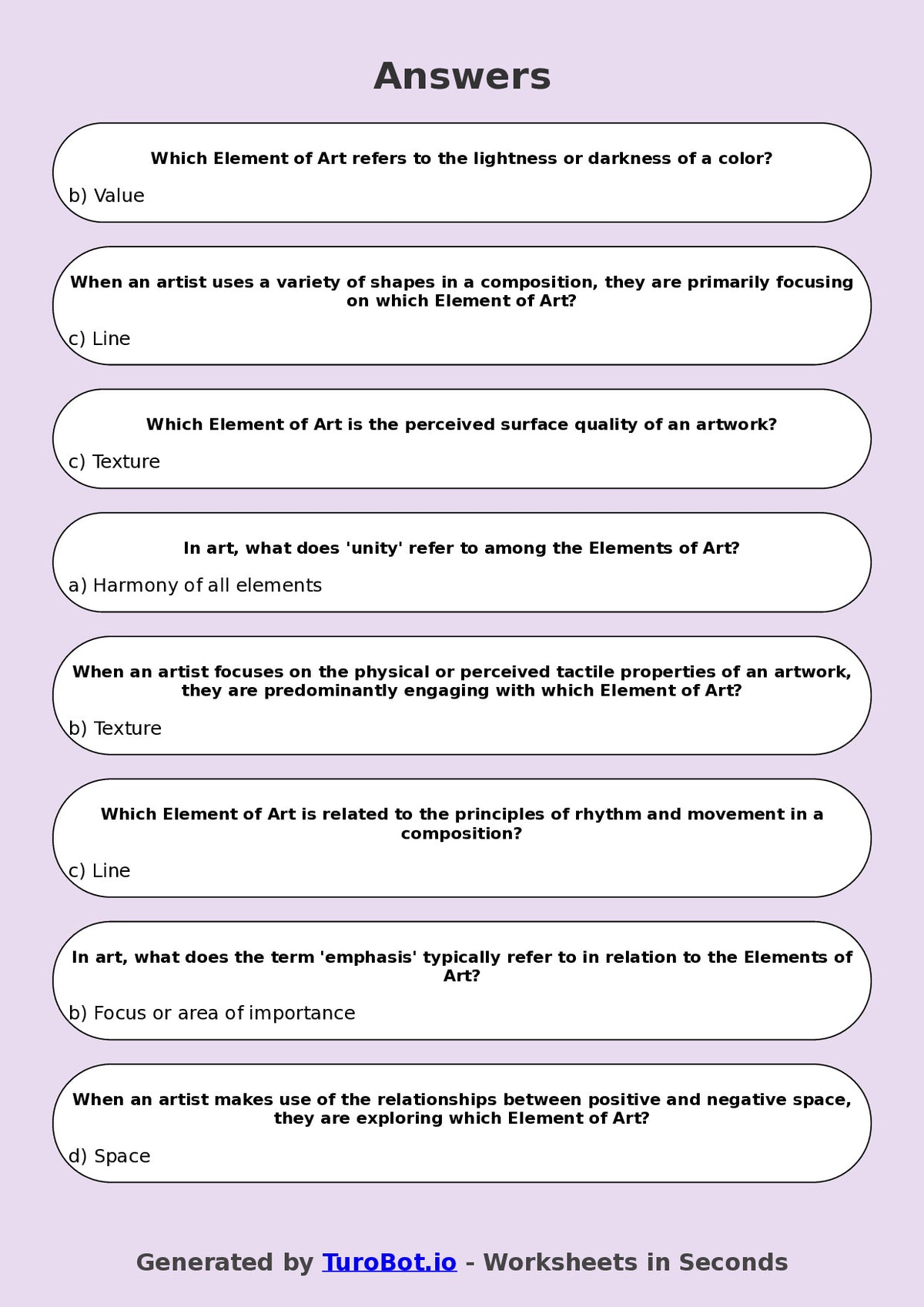 Year 7 Visual Arts Multiple Choice Worksheet – Elements of Art