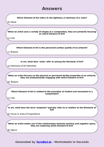 Year 7 Visual Arts Multiple Choice Worksheet – Elements of Art