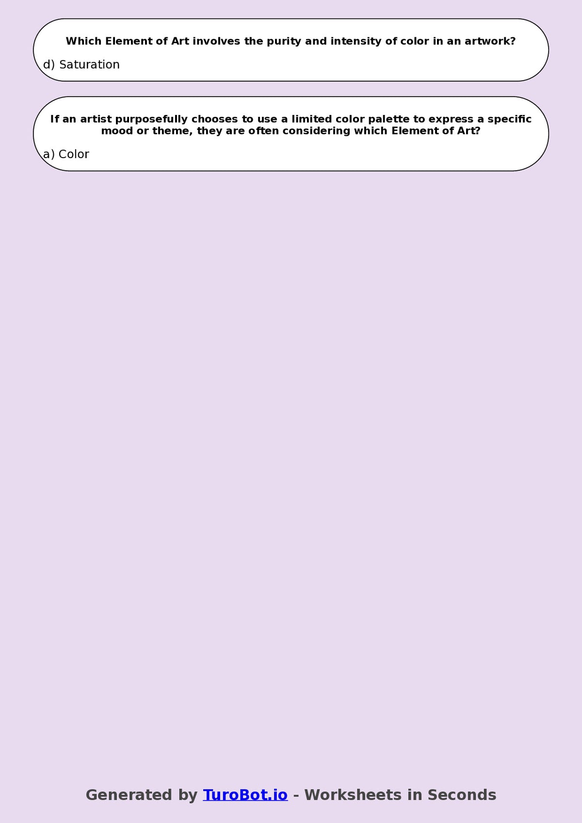 Year 7 Visual Arts Multiple Choice Worksheet – Elements of Art