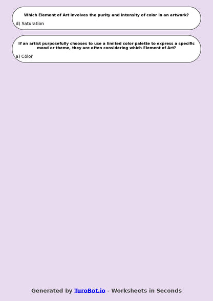 Year 7 Visual Arts Multiple Choice Worksheet – Elements of Art