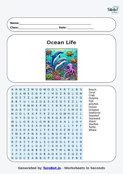 Vocabulary - Year 3 - Find a Word - Ocean Life – Free Find a Word Worksheet