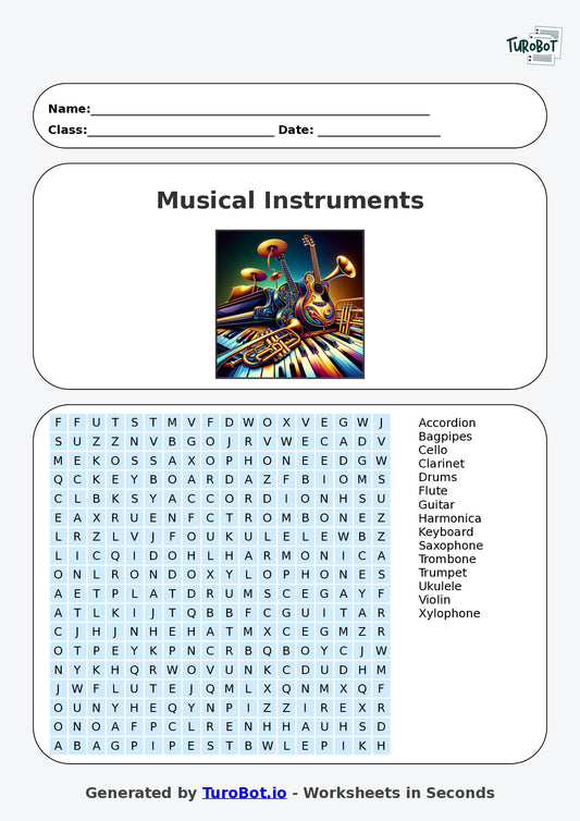 Vocabulary - Year 4 - Find a Word - Musical Instruments – Free Find a Word Worksheet