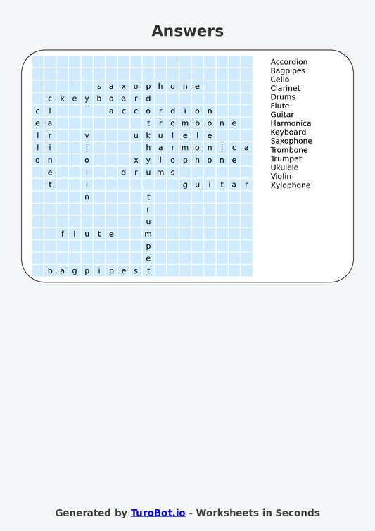 Vocabulary - Year 4 - Find a Word - Musical Instruments – Free Find a Word Worksheet