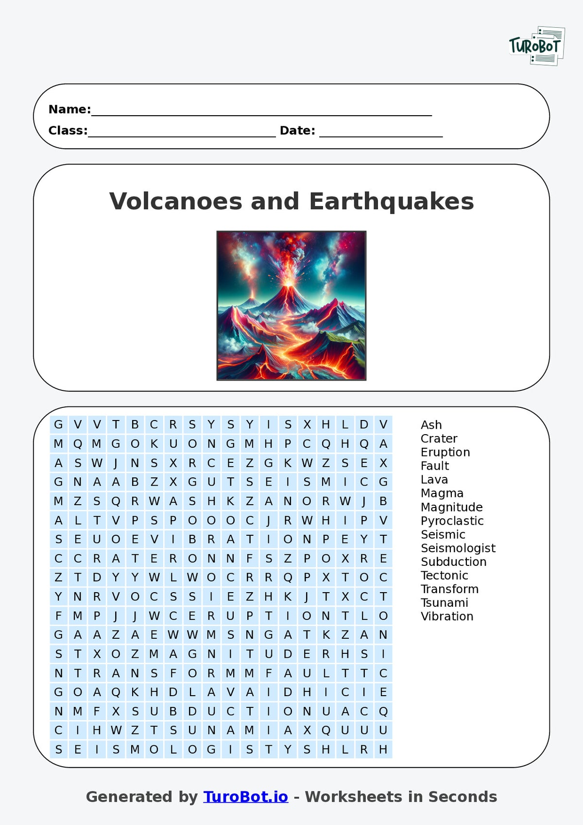 Vocabulary - Year 7 - Find a Word - Volcanoes and Earthquakes – Free Find a Word Worksheet