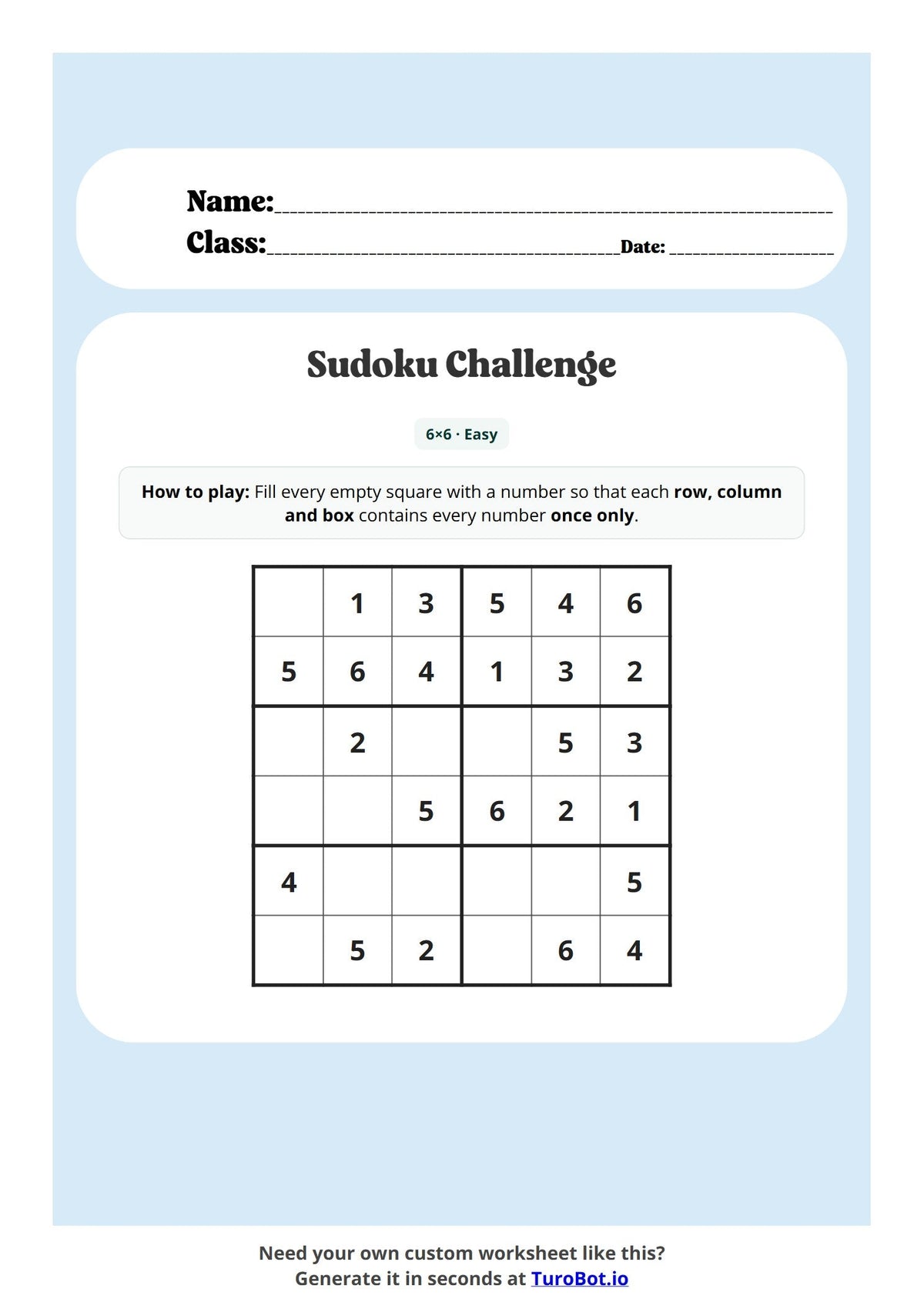 Free Year 5 Math Worksheet - Sudoku 6x6 Grid preview