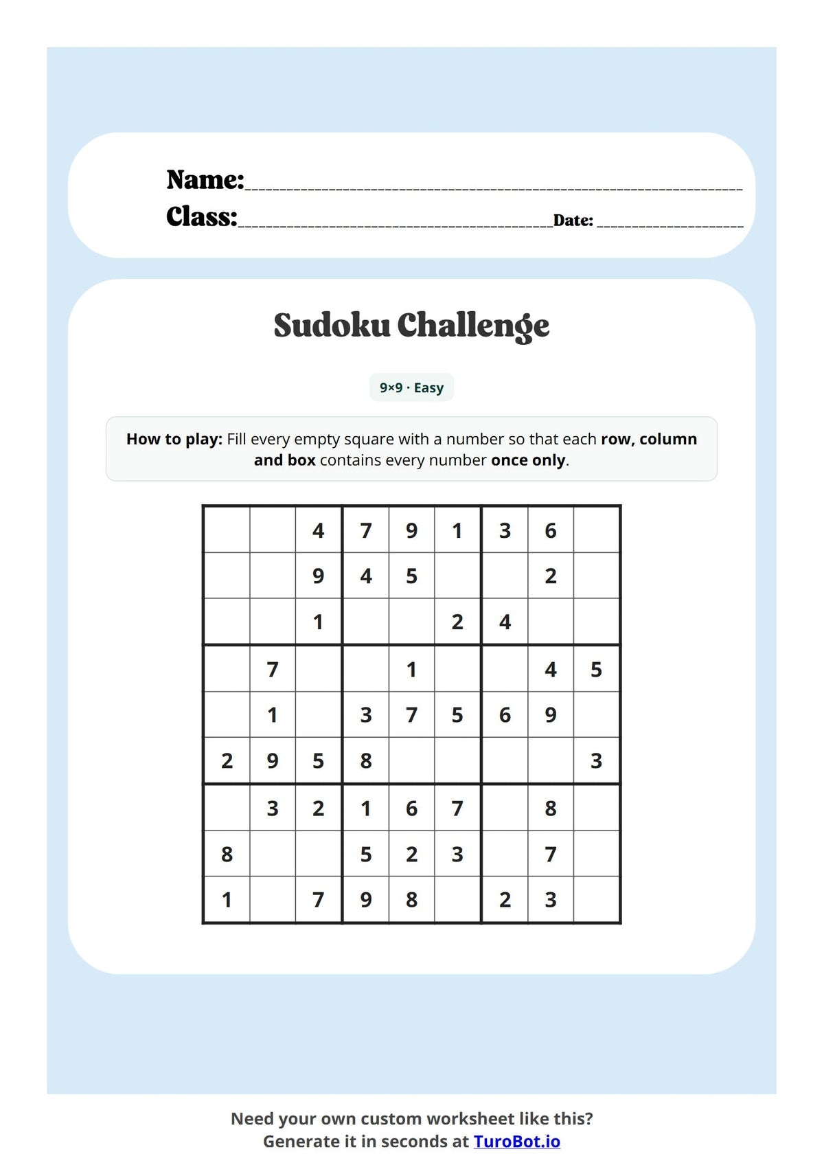 Free Year 5 Math Worksheet - Sudoku 9x9 Grid preview
