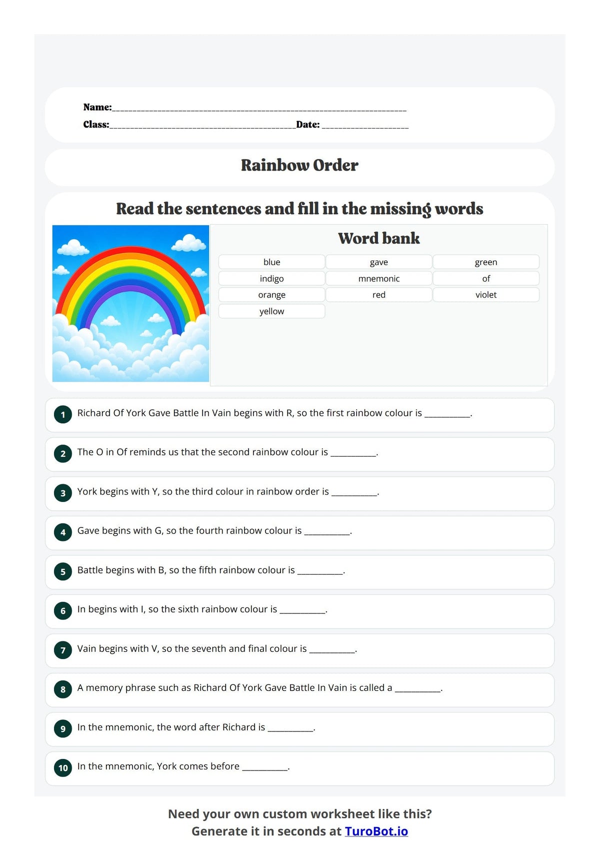 Free Year 3 English Worksheet - Rainbow Order Mnemonic preview