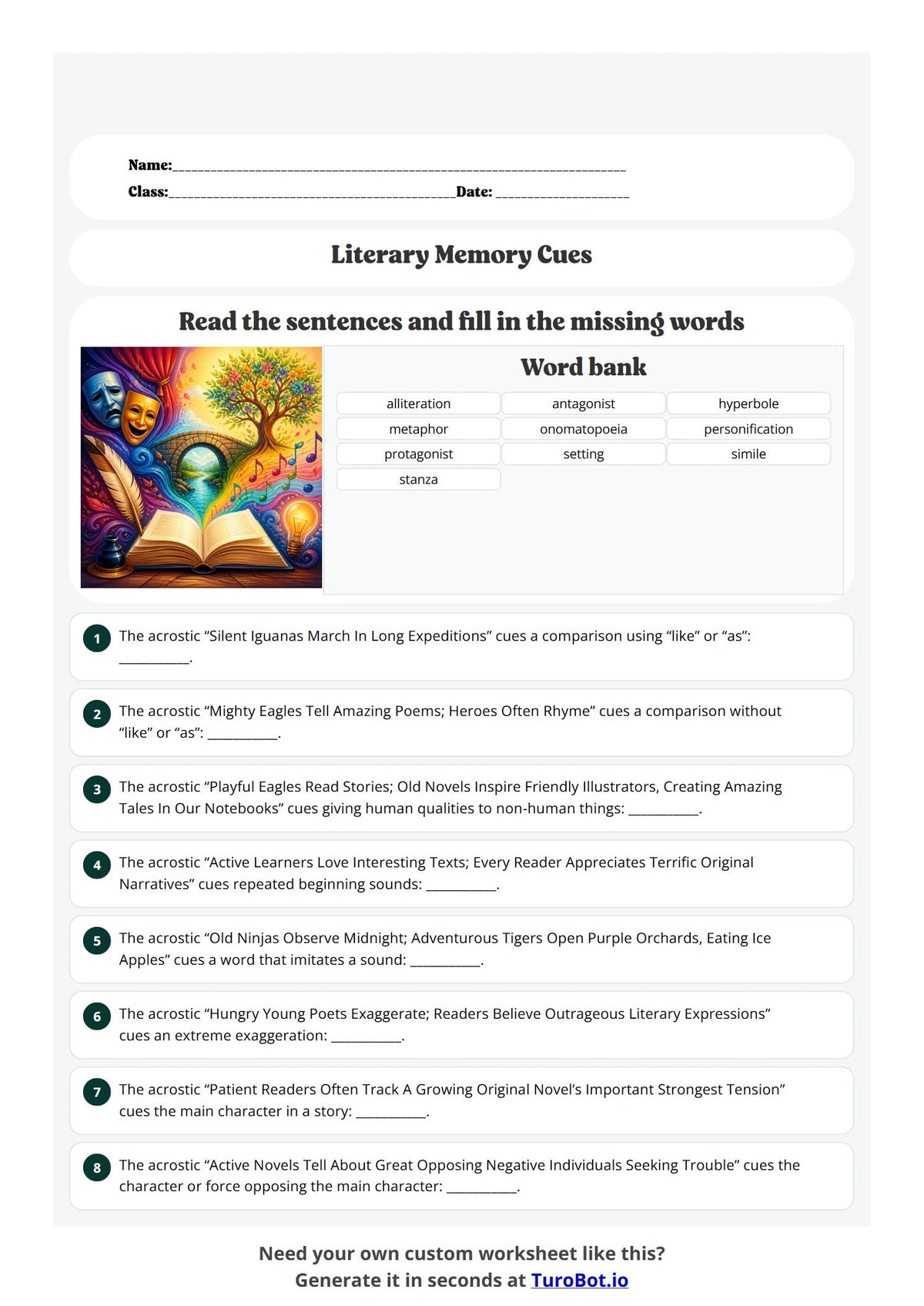 Free Year 7 English Worksheet - Literary Memory Cues preview