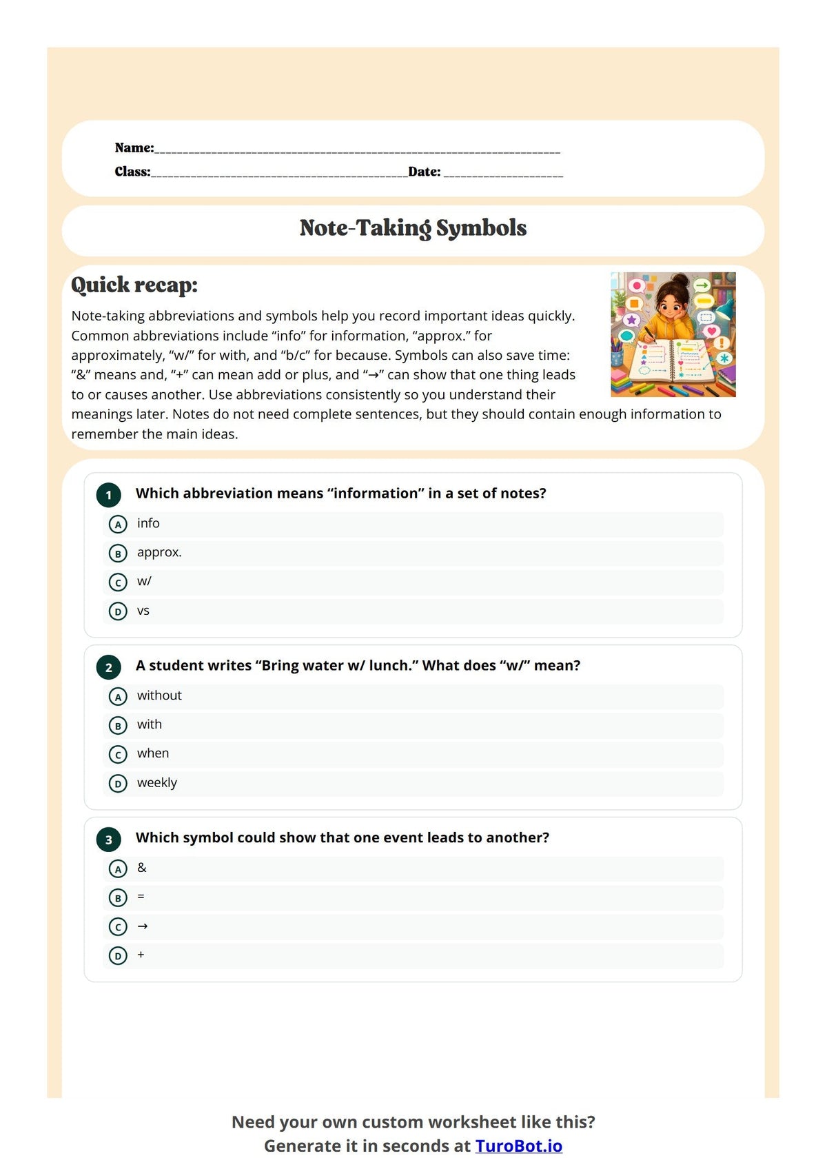 Free Year 5 English Worksheet - Note-Taking Symbols preview