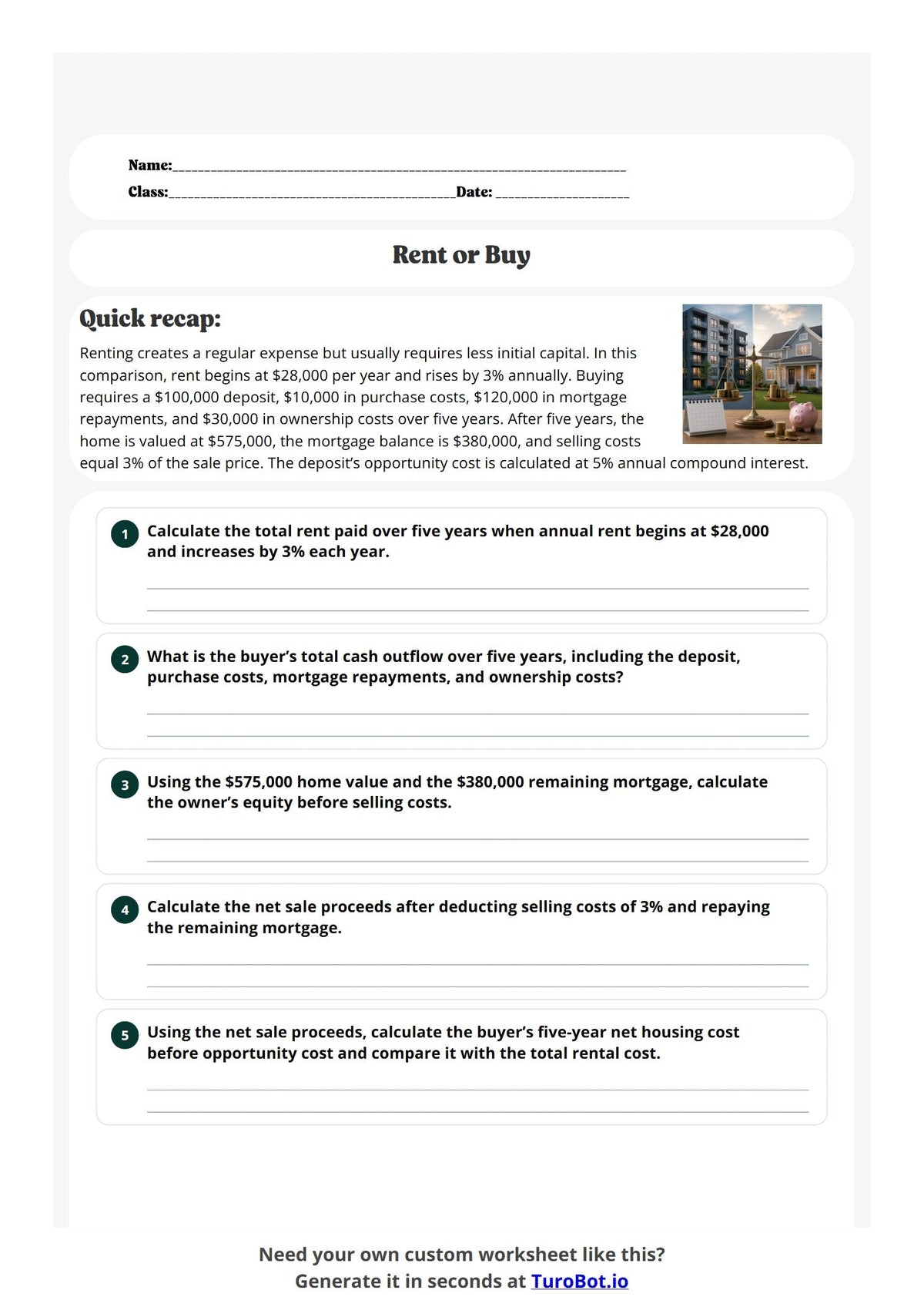 Free Year 11 Business Math Worksheet - Rent or Buy Home preview