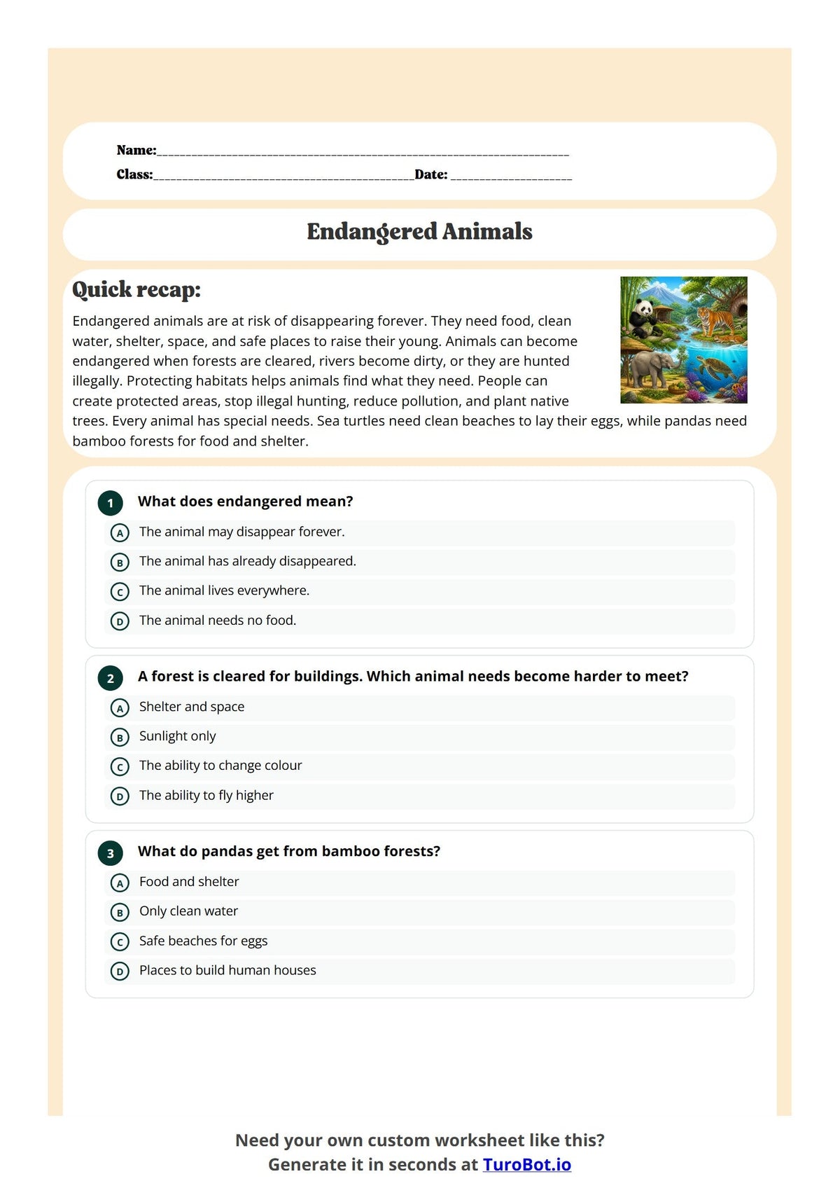 Free Year 3 Science Worksheet - Endangered Animals preview