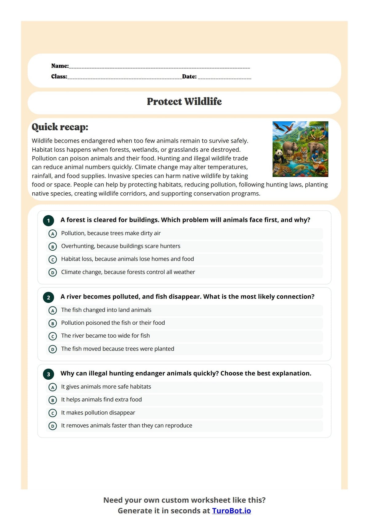 Free Year 4 Science Worksheet - Protect Wildlife preview