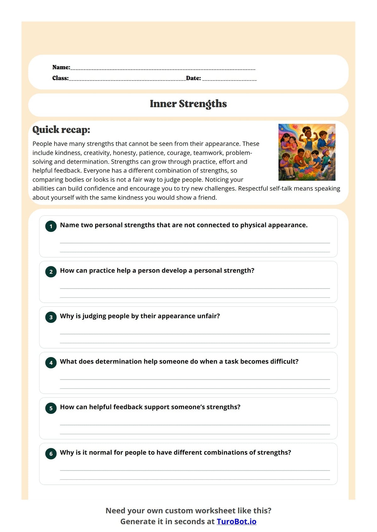 Free Year 5 Health & Wellbeing Worksheet - Inner Strengths preview