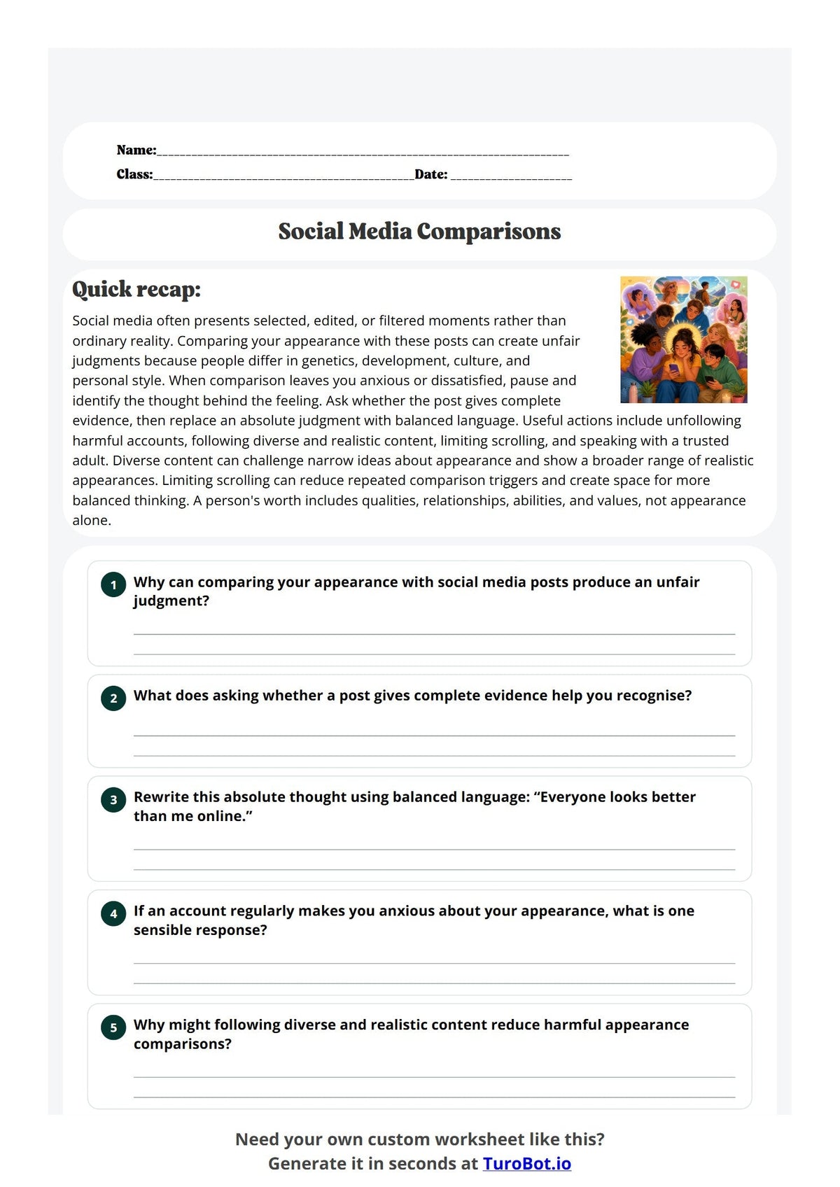 Free Year 7 Health & Wellbeing Worksheet - Social Media Comparisons preview