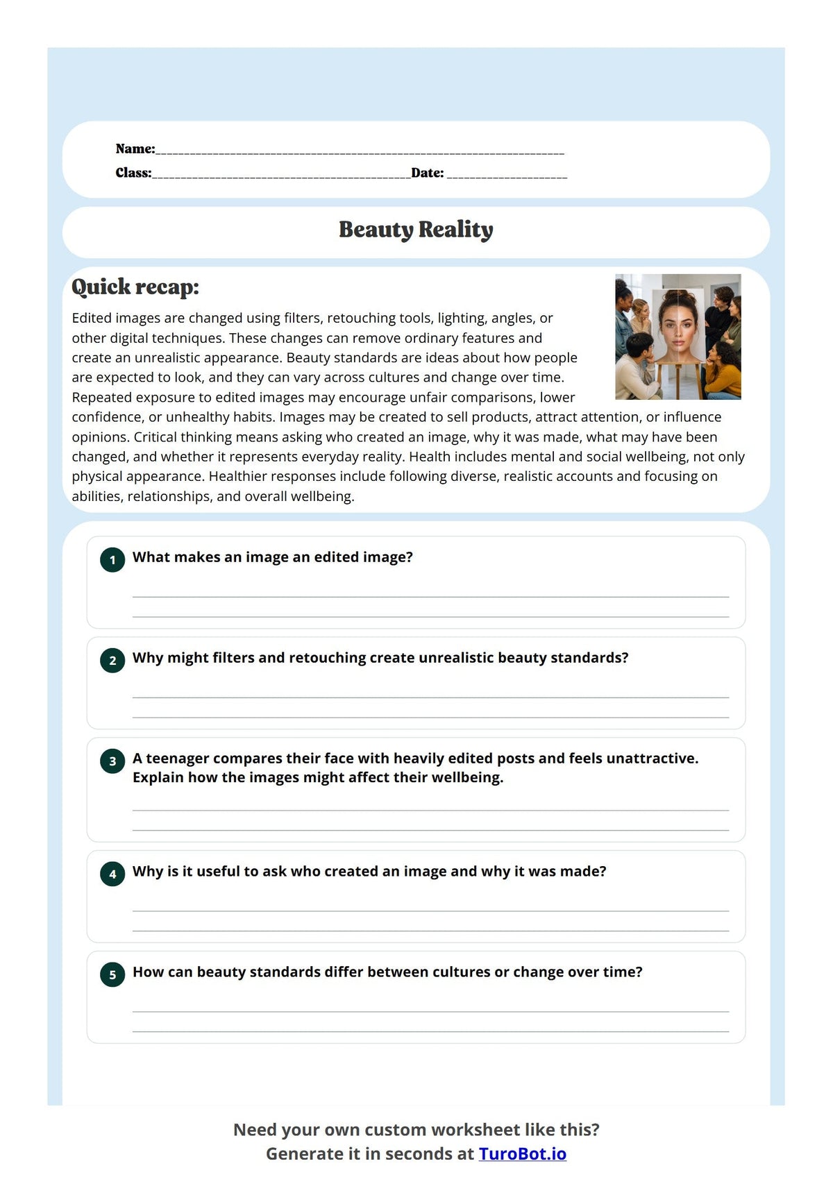 Free Year 8 Health & Wellbeing Worksheet - Beauty Reality preview