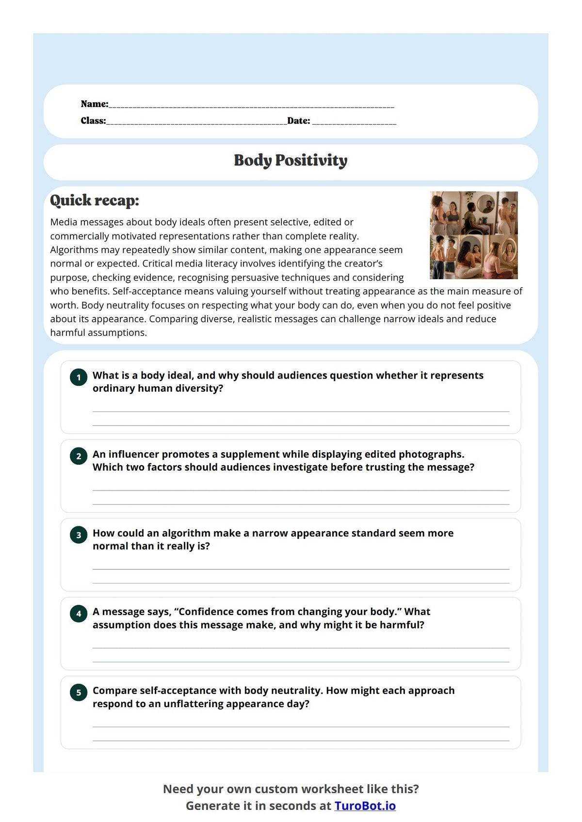 Free Year 10 Health & Wellbeing Worksheet - Body Positivity preview