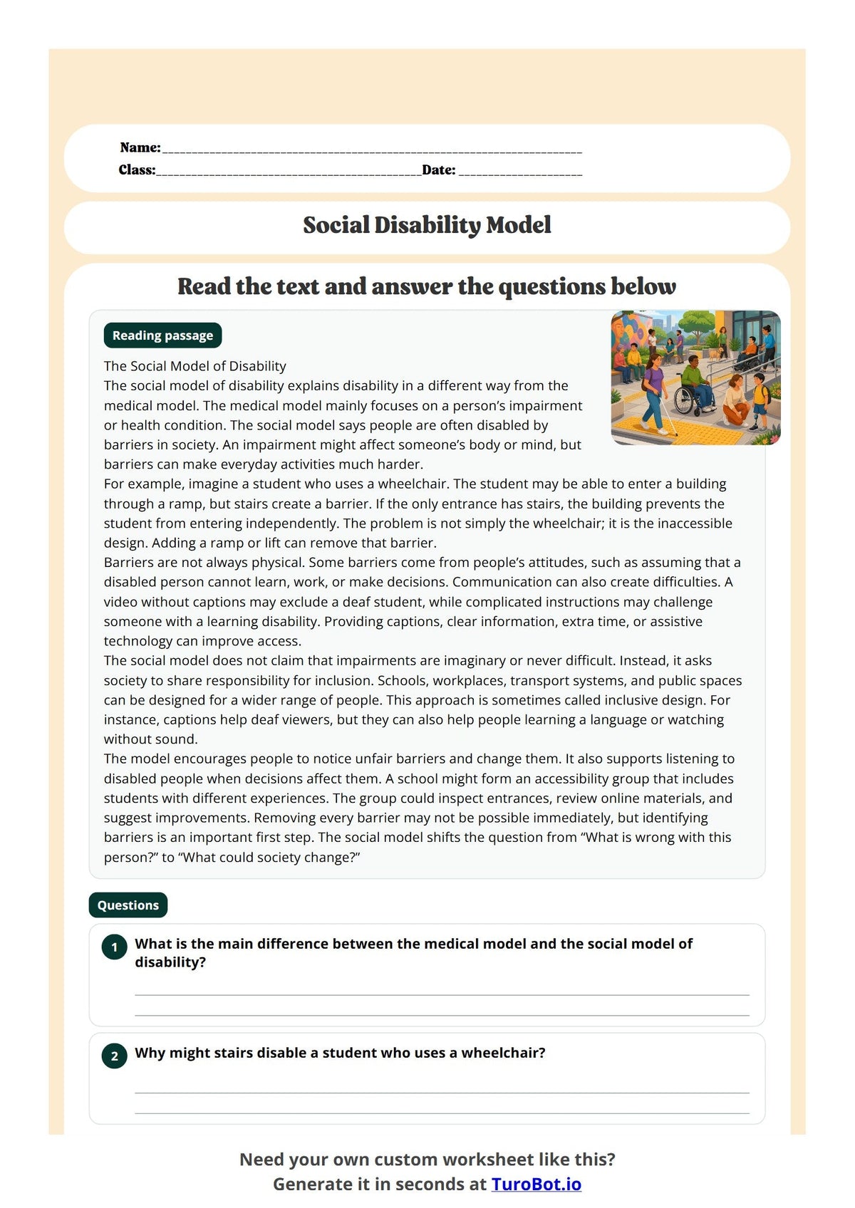 Free Year 7 Worksheet - Social Disability Model preview