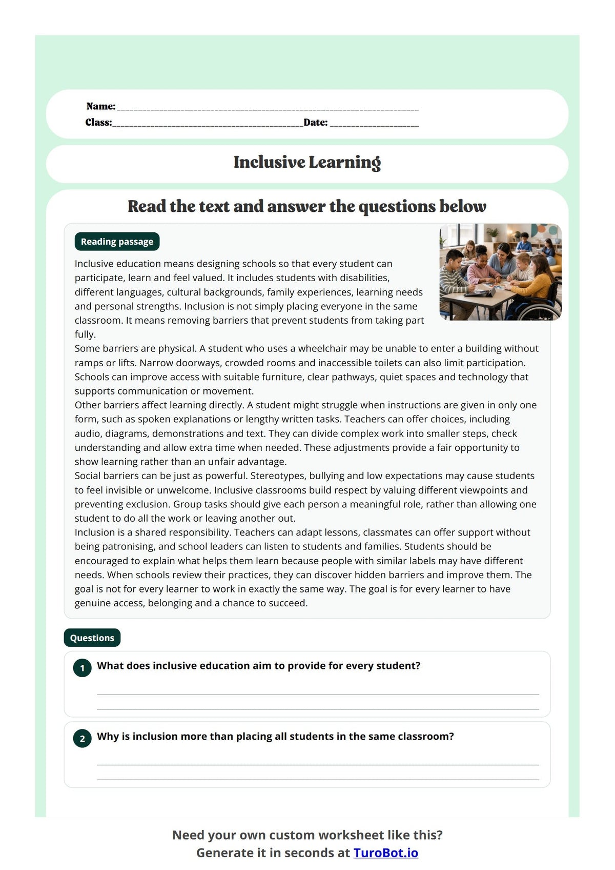Free Year 8 Worksheet - Inclusive Learning preview