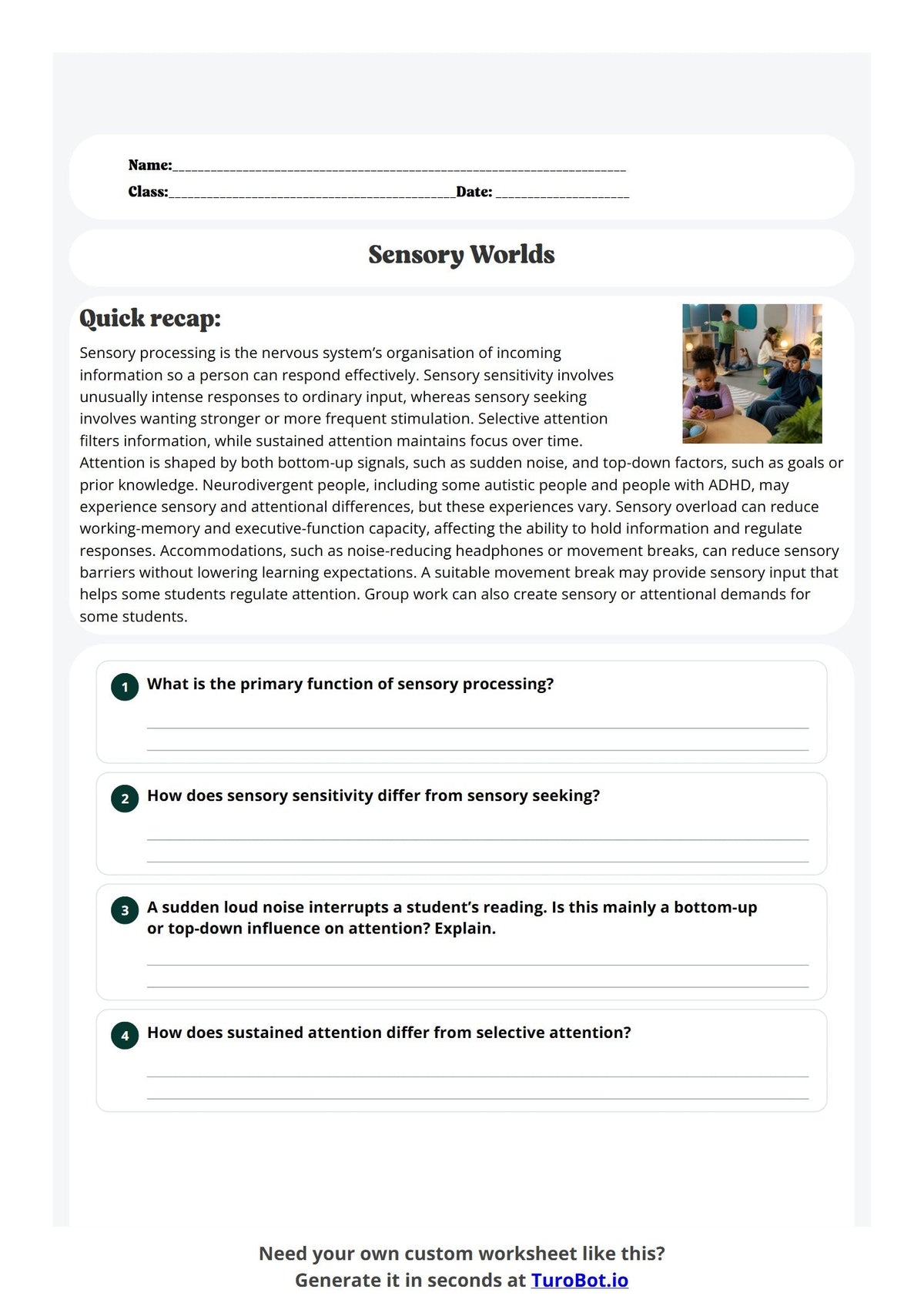 Free Year 11 Science Worksheet - Sensory Worlds preview
