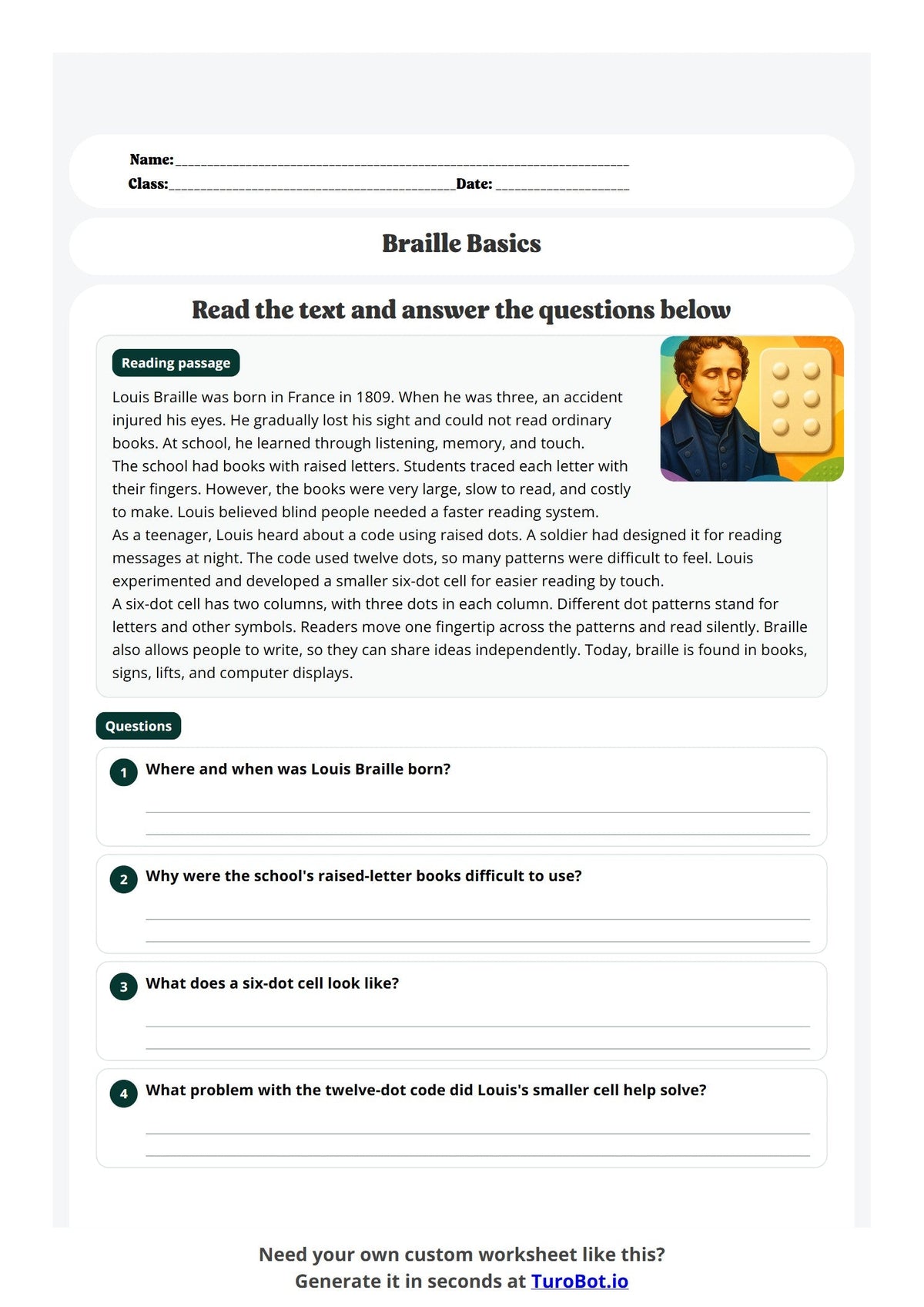 Free Year 4 Language Worksheet - Braille Basics preview