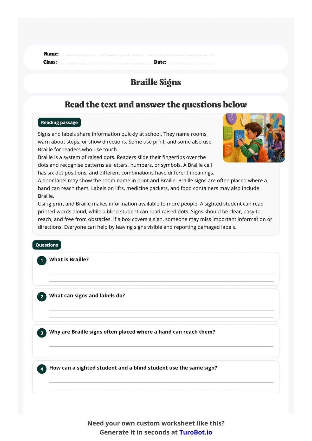 Free Year 5 Language Worksheet - Braille Signs preview