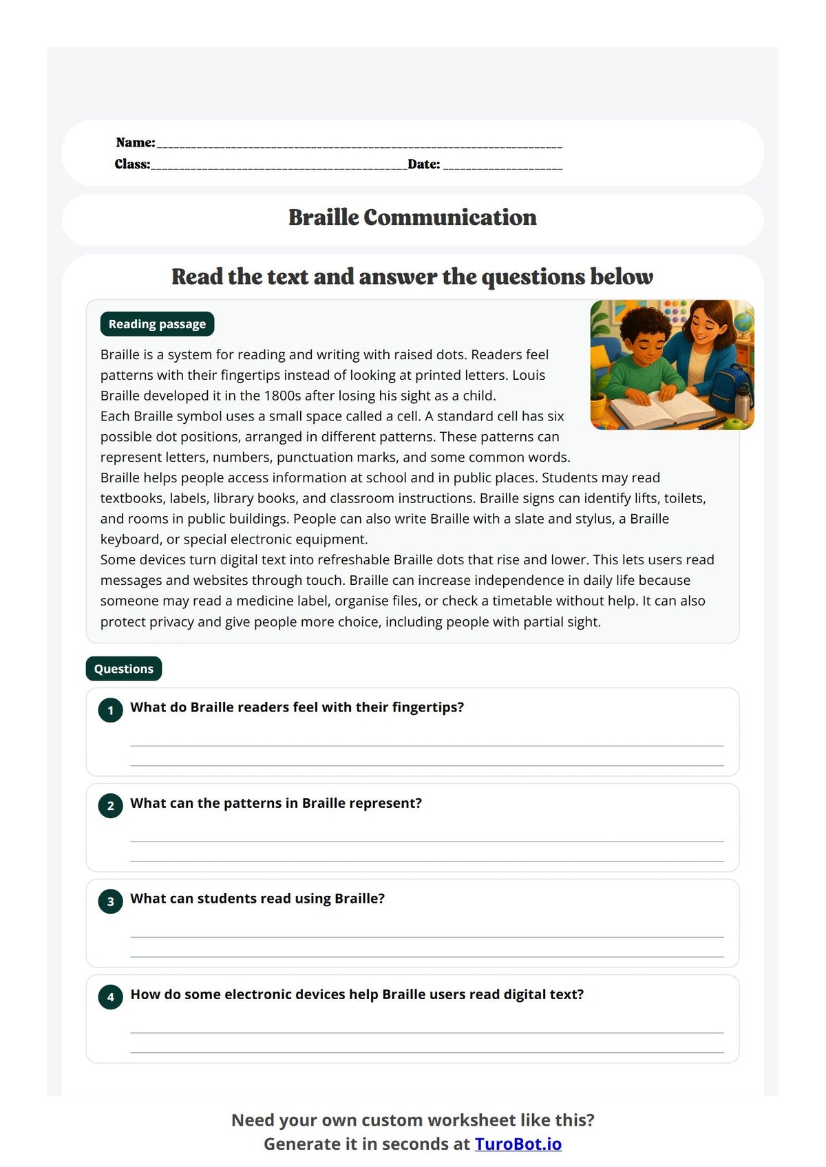 Free Year 6 Language Worksheet - Braille Communication preview