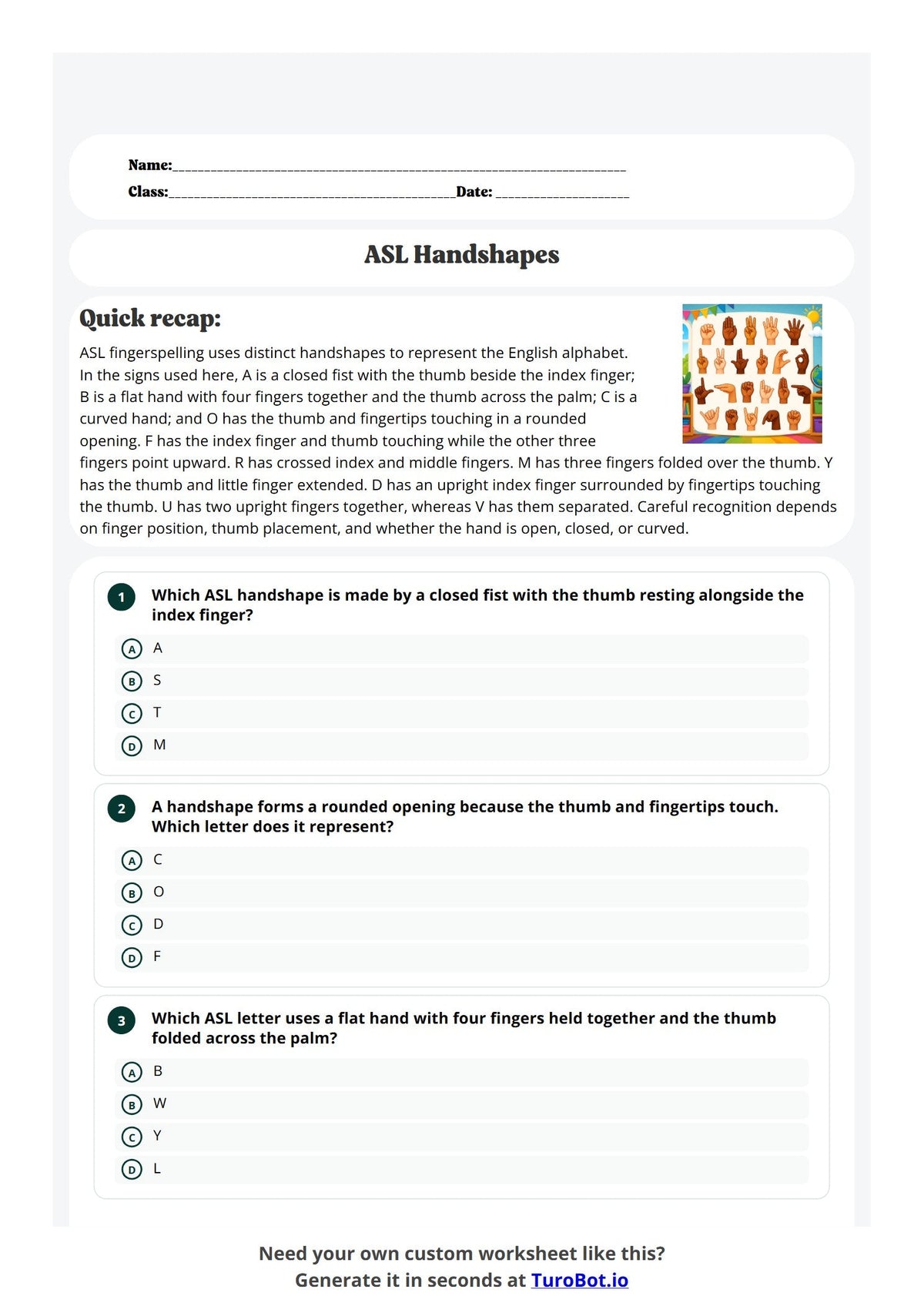 Free Year 7 Language Worksheet - ASL Handshapes preview