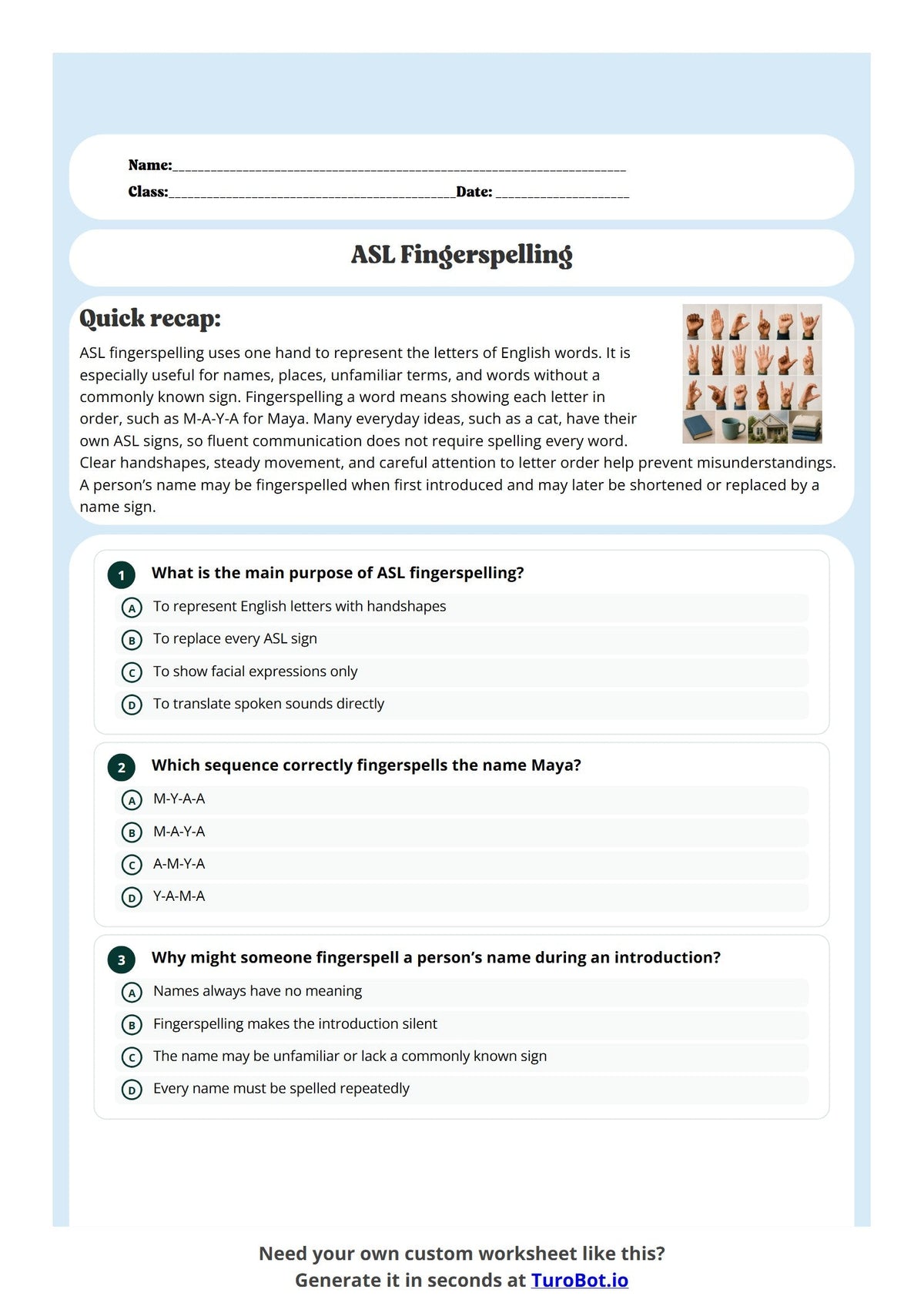 Free Year 8 Language Worksheet - ASL Fingerspelling preview