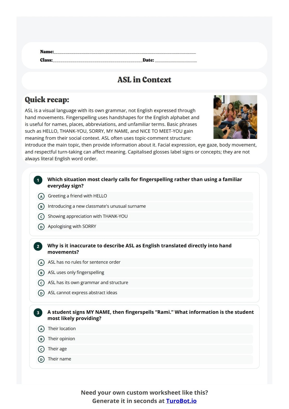 Free Year 10 Language Worksheet - ASL in Context preview