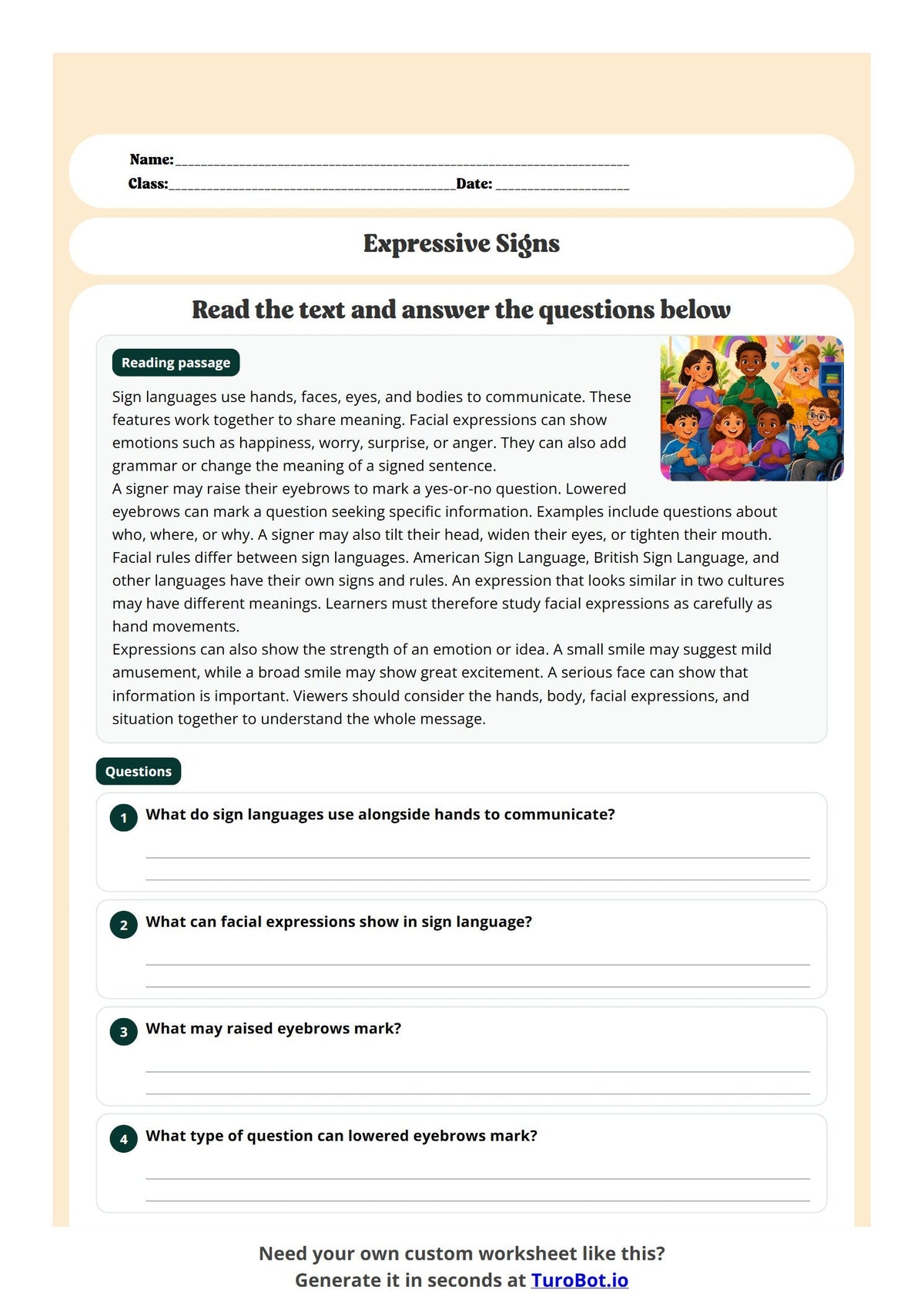 Free Year 6 Language Worksheet - Expressive Signs preview