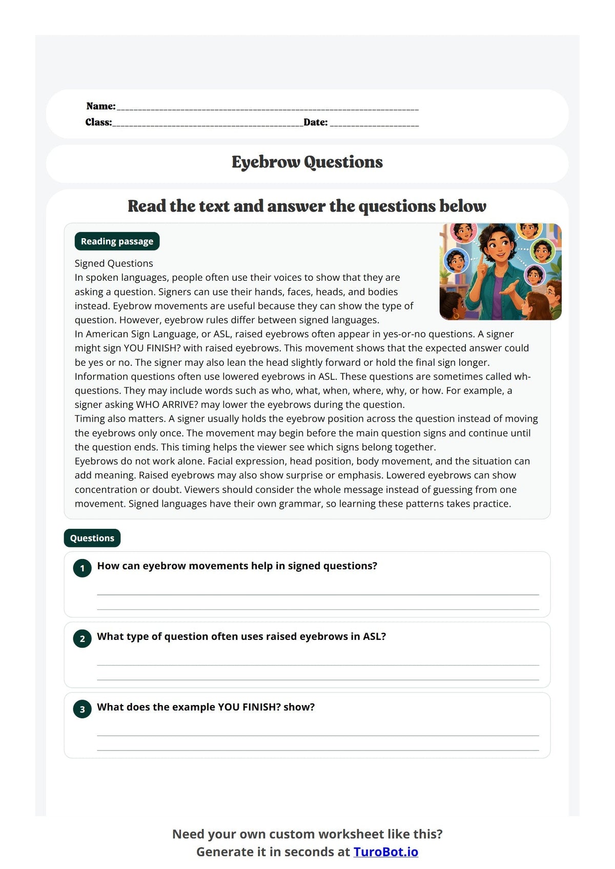 Free Year 7 Language Worksheet - Eyebrow Questions preview